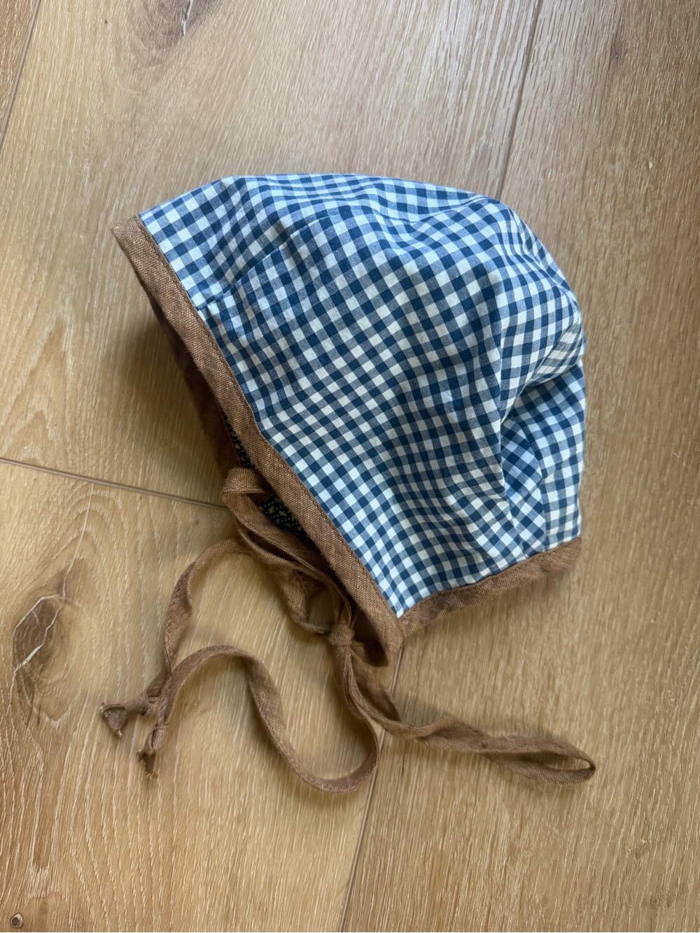 Children's reversible Blue Gingham Bonnet with Brown Trim